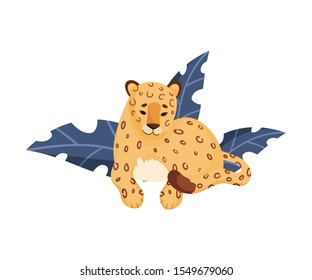 Spotted Leopard Sitting Resting Near Tropical Leaves Vector Illustration