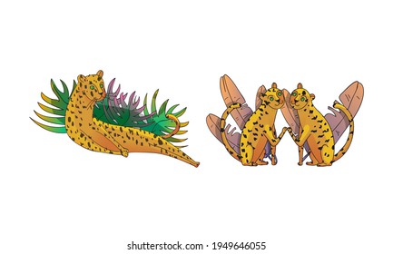 Spotted Leopard with Yellowish Skin and Long Body Lying in Tropical Leaves Vector Set