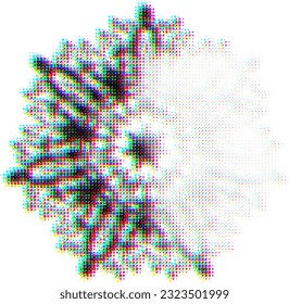 Spotted mandala with halftone optical blur effect and glitch with shifted CMYK spectrum. Discoloration of the right sector with lighting. Space for copy text. Vector.