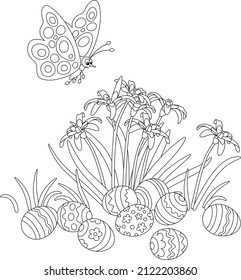 Spotted merry butterfly flittering over painted Easter eggs among spring wildflowers, black and white outline vector cartoon illustration for a coloring book page