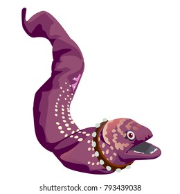 Spotted moray eel with a collar with spikes isolated on a white background. Vector cartoon close-up illustration.