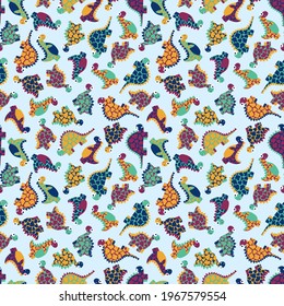 Spotted motley hand-drawn dinosaurs seamless pattern vector. Cartoon bright colors prehistoric reptiles friendly childish endless texture. Perfect for kids clothes, home decor, dinner napkins and more