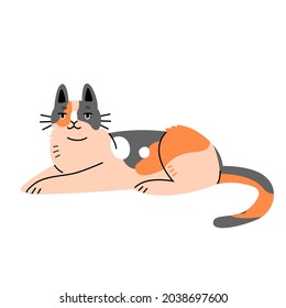 Spotted multicolored cat in flat cartoon style. Vector illustration isolated on white background.