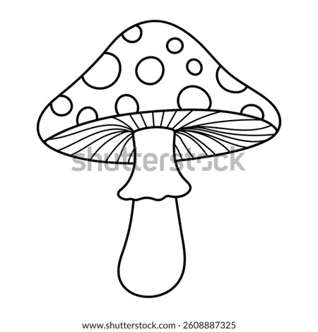 Spotted mushroom vector illustration. Hand-drawn doodle toadstool or fly agaric with polka dot cap. Black line art isolated on white background.