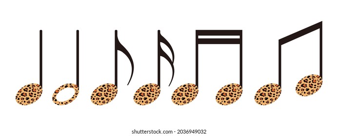 Spotted musical note on a white background. Musical sound designation with trendy leopard print. Vector.