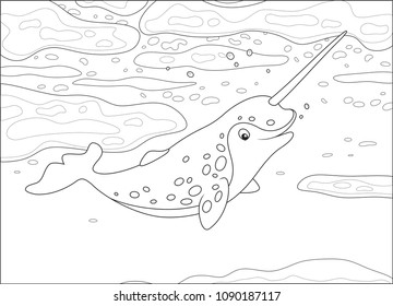 Spotted narwhal with a long tusk swimming under ice in a polar sea, black and white vector illustration in a cartoon style for a coloring book