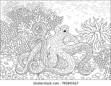 A spotted octopus, an actinia and corals on a tropical reef, a black and white vector illustration in cartoon style for a coloring book