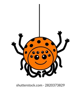 Spotted orange spider character hanging on string. Smiling insect with many eyes. Halloween bug.