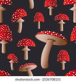 Los ágáricos moscas venenosas manchadas con gorras rojas sobre un fondo negro forman un patrón sin fisuras. Vector.