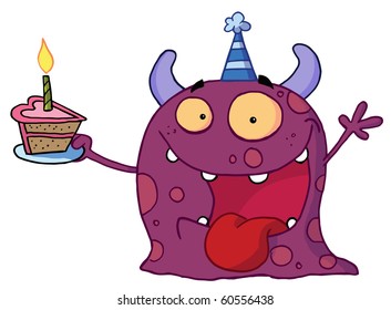 Spotted Purple Birthday Monster Wearing A Party Hat And Holding A Slice Of Cake