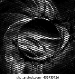 Spotted round swirl abstract halftone vector illustration background.