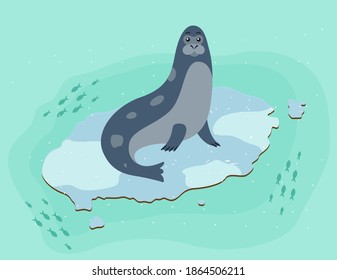 Spotted seal isolated on a blue background. The sea animal is sitting on an ice floe. Fish swim in the water around the animal. Seal cartoon vector illustration. Antarctica landscape and fauna