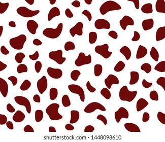 Spotted seamless pattern. Hand paint red doodle spots. Animal print. Dalmatian skin design. Cow skin texture. Watercolor spotted background. Dark red stains on white. Camouflage style