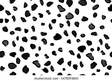 Spotted Seamless Pattern. Lion Print. Vector Animal Design. Dalmatian, Cow Funky Spots. Black, Gray Brush Hand Paint Spots Isolated on White. Exotic Animal Stains. Abstract shapes background