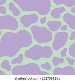 Spotted Seamless Pattern with Neon Violet Colored Abstract Shapes on Trendy Vibrant Green Background with Liquid Stains and Blots. Bright Minimal Aesthetic. Repeat vector illustration for Textile