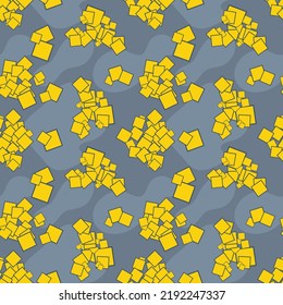 Spotted seamless pattern. Overlapping yellow squares with a dark outline are randomly placed on a gray background. Vector.