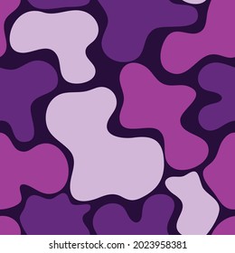 spotted seamless pattern. pink-purple abstract shapes with smooth edges are randomly arranged on a black background. vector 