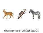 Spotted serval wild cat, climbing koala, and standing zebra animals vector set illustration.