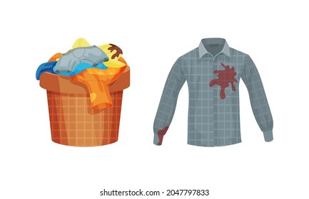 Spotted Shirt and Basket with Dirty Clothing with Stain for Laundry Vector Set