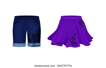 Spotted Skirt and Shorts as Dirty Clothing with Stain for Laundry Vector Set
