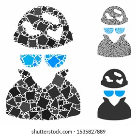 Spotted spy composition of bumpy items in variable sizes and color tones, based on spotted spy icon. Vector rough dots are organized into composition. Spotted spy icons collage with dotted pattern.