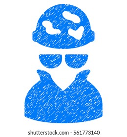 Spotted Spy grainy textured icon for overlay watermark stamps. Flat symbol with scratched texture. Dotted vector blue ink rubber seal stamp with grunge design on a white background.