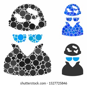 Spotted spy mosaic of spheric dots in various sizes and color tones, based on spotted spy icon. Vector round dots are united into blue mosaic. Dotted spotted spy icon in usual and blue versions.
