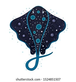 Spotted stingray. Sea ray. Marine life. Underwater creatures. Design for attributes of water park and aquarium. Print for clothes, cards, covers, posters. Sticker label. Vector illustration, eps10