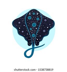 Spotted stingray. Sea ray. Marine life. Underwater creatures. Design for attributes of water park and aquarium. Print for clothes, cards, covers, posters. Sticker label. Vector illustration, eps10