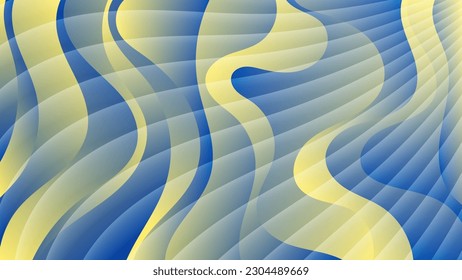 Spotted striped background in yellow blue tones. Smooth translucent stripes overlap the motley surface of wavy shapes. Template for your projects. Vector.
