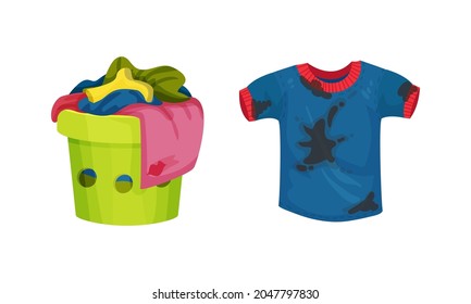 Spotted Sweatshirt and Basket with Dirty Clothing with Stain for Laundry Vector Set