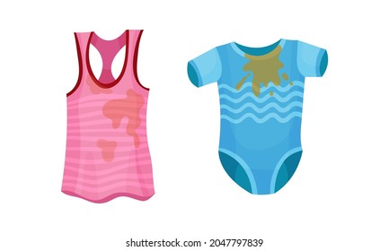 Spotted Tank Top and Kid Body as Dirty Clothing with Stain for Laundry Vector Set