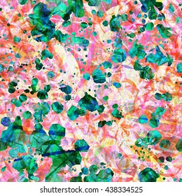 Spotted texture. Abstract seamless vector pattern. Color and tonal inversion. Green and pink. Petals. Thin straight stripes. Streaks. Scratches. Randomly mixed. Overlay, overlapping, transparency.