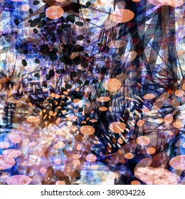 Spotted texture. Blue and pink spots, scratches, ovals and splashes randomly mixed. Seamless vector abstract grunge pattern. Blur effect and watercolor