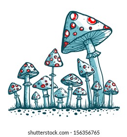 Spotted Toadstool Mushrooms. Vector EPS8 illustration. Fungus growing.