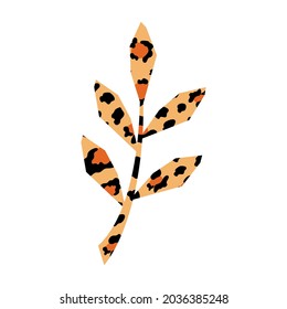 Spotted twig with leaves on a white background. Trendy leopard print. Vector.