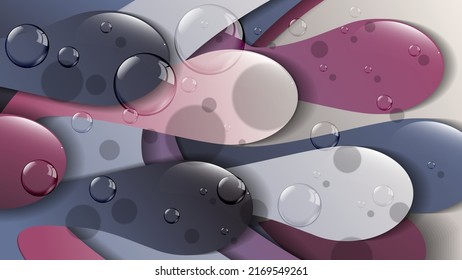 Spotted wallpaper with 3D effect. Transparent bubbles of different sizes on a background of overlapping abstract shapes with smooth edges. Vector.