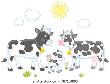 A spotted white and black cow, a bull and a small calf, a vector illustration in cartoon style