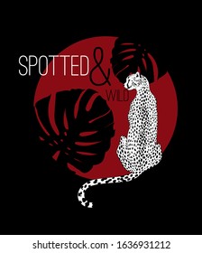 Spotted & wild. Vector  hand drawn  illustration of cheetah with palm leaves isolated. Creative  artwork. Template for card, poster, banner, print for t-shirt, label,  patch.