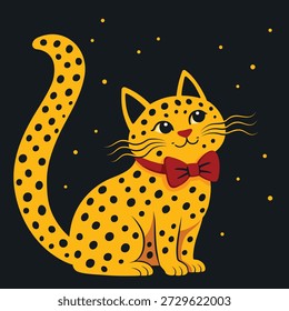 Spotted yellow cat in a red bow tie on a dark background, stylized vector illustration. Cute whimsical illustration of a ginger leopard-patterned cat wearing a red bow tie. Flat vector on a dark starry background. Perfect for greeting cards, nursery decor, and kids' prints.