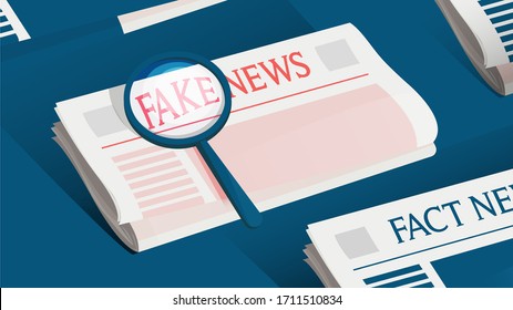 Spotting Fake News Articles. Newspaper Vector Illustration. Debunking, Hoax And Junk News Concept. Magnifying Glass Over Paper. Blue Background, Clean Flat Design