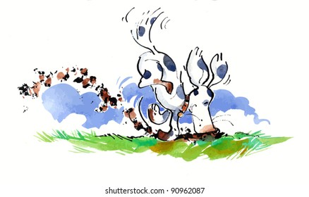A spotty dog digging a muddy hole