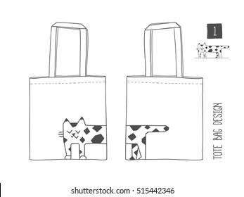 Spotty Dotty. Funny cute spotted cat. Tote canvas bag design. Fashion textile design in 1 color. Clipping set of vector elements.