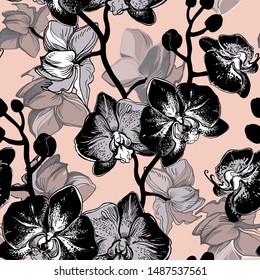 
Spotty and exotic black orchid floral garden flower tropical mood. Seamless pattern drawn by hand in vector design for fashion, fabric, wallpaper and all prints on soft pink background color.