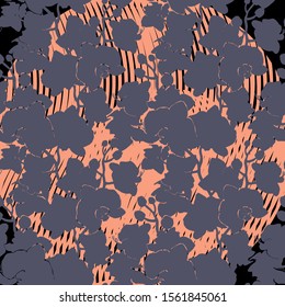 Spotty floral seamless pattern with silhouettes of flowers orchids drawn by hand on wavy linear background. Modern floristic design for textile, wallpaper, wrapping paper. Stock vector illustration.