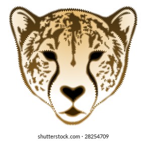 The spotty head of a cheetah is represented in computer vector style