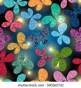 Spotty seamless gradient pattern with colorful butterflies, vector EPS 10