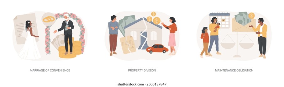 Spousal agreement isolated concept vector illustration set. Marriage of convenience, property division, maintenance obligation, financial motivation, separation process, alimony vector concept.