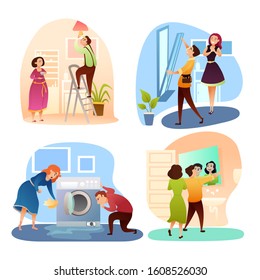 Spouse help wife at home. Household family set. Cartoon man change light bulb lamp, repair window and washing machine, hanging mirror on wall. Husband for hour service. Vector flat illustration