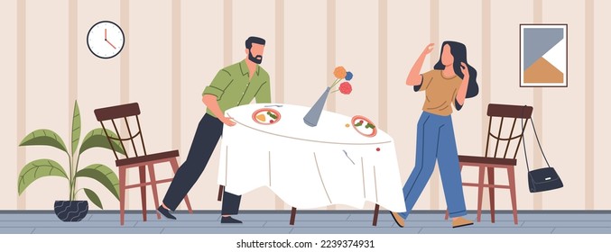 Spouses quarrel. Couple sort out relationship, woman and man arguing in room, family scandal and marital showdown, unhappy marriage, domestic abuse, nowaday vector cartoon flat concept